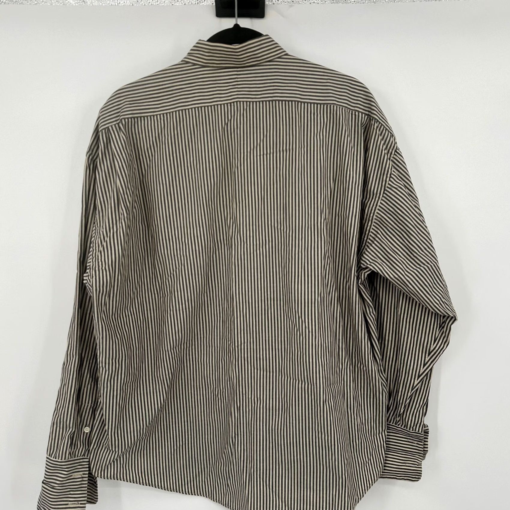 Aquascutum Aquascutum of London Womens Blouse Plus 14W Two Ply Cotton Striped Button-Front Navy Tan French Cuff 80s Size XL / US 12-14 / IT 48-50 - 5 Thumbnail