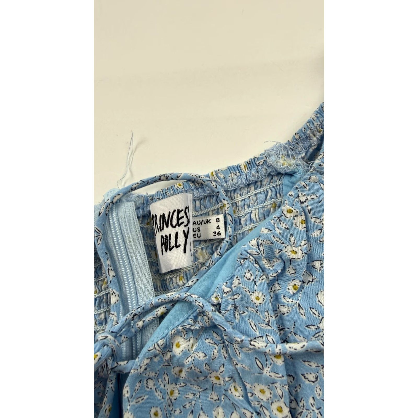 PRINCESS POLLY Princess Polly Romper Womens 4 Blue Daisy Floral Puff Sleeve Smocked Ruffle Hem Size 27" / US 4 / IT 40 - 5 Thumbnail