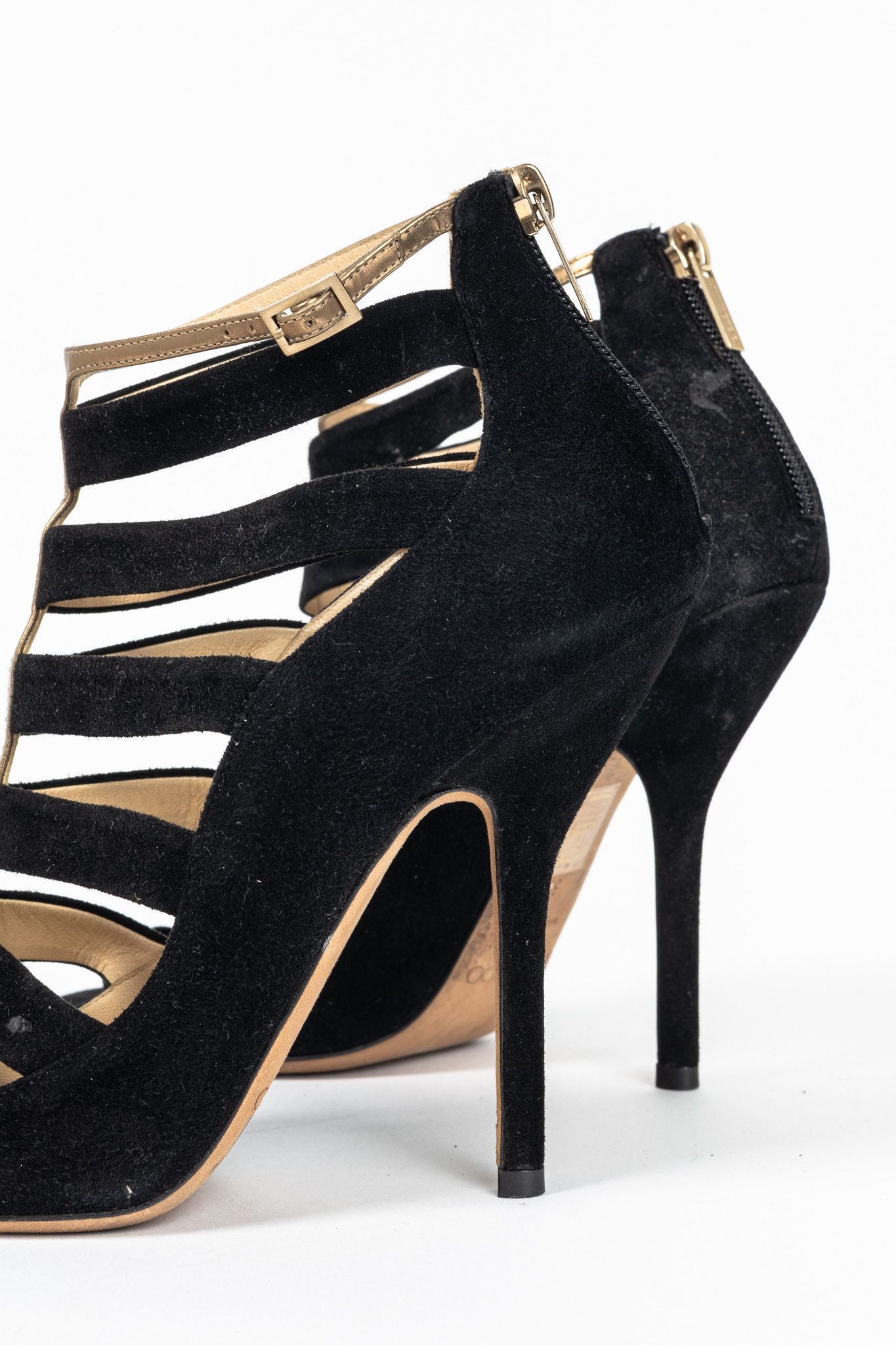 Jimmy Choo Jimmy Choo Fathom Black & Gold Suede Strappy Sandals Size US 7.5 / IT 37.5 - 9 Thumbnail