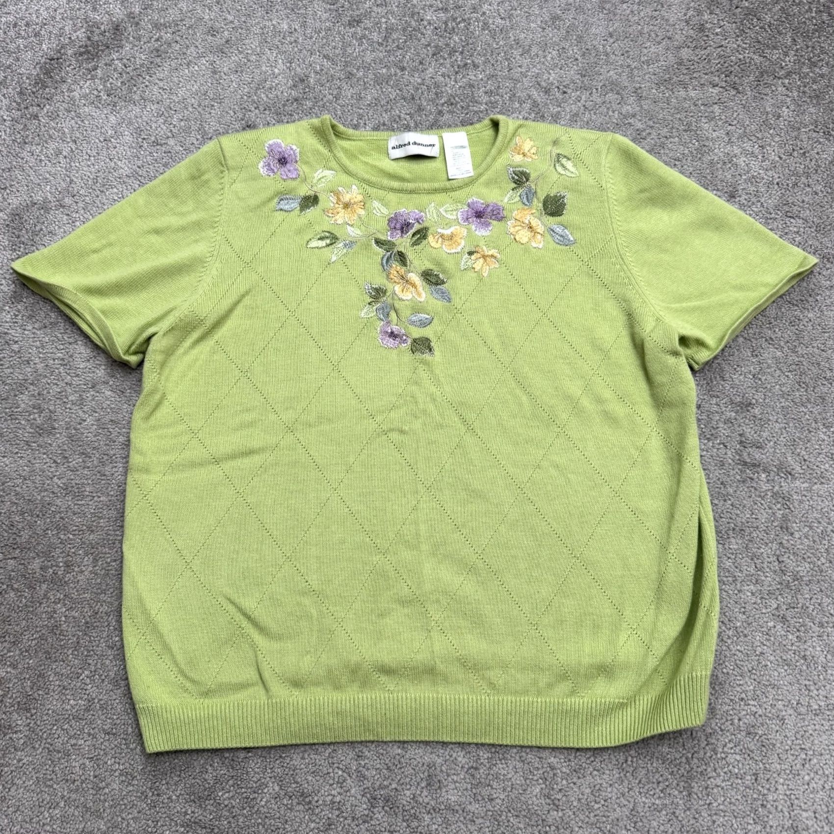 Vintage Alfred Dunner Embroidered Floral Short Sleeve Sweater Womens L Green Crew Neck Knit Pullover All Seasons Casual Bohemian Size L / US 10 / IT 46 - 2 Thumbnail