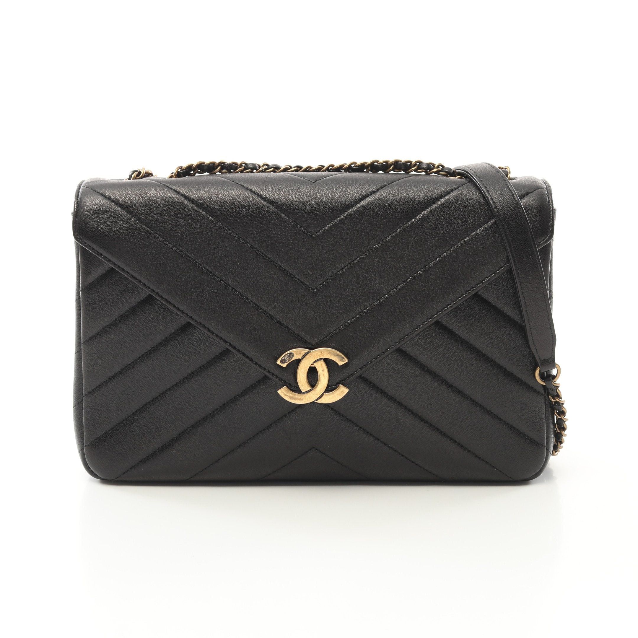 Chanel Chevron V-Stitch Chain Shoulder Bag Lambskin Black Antique
