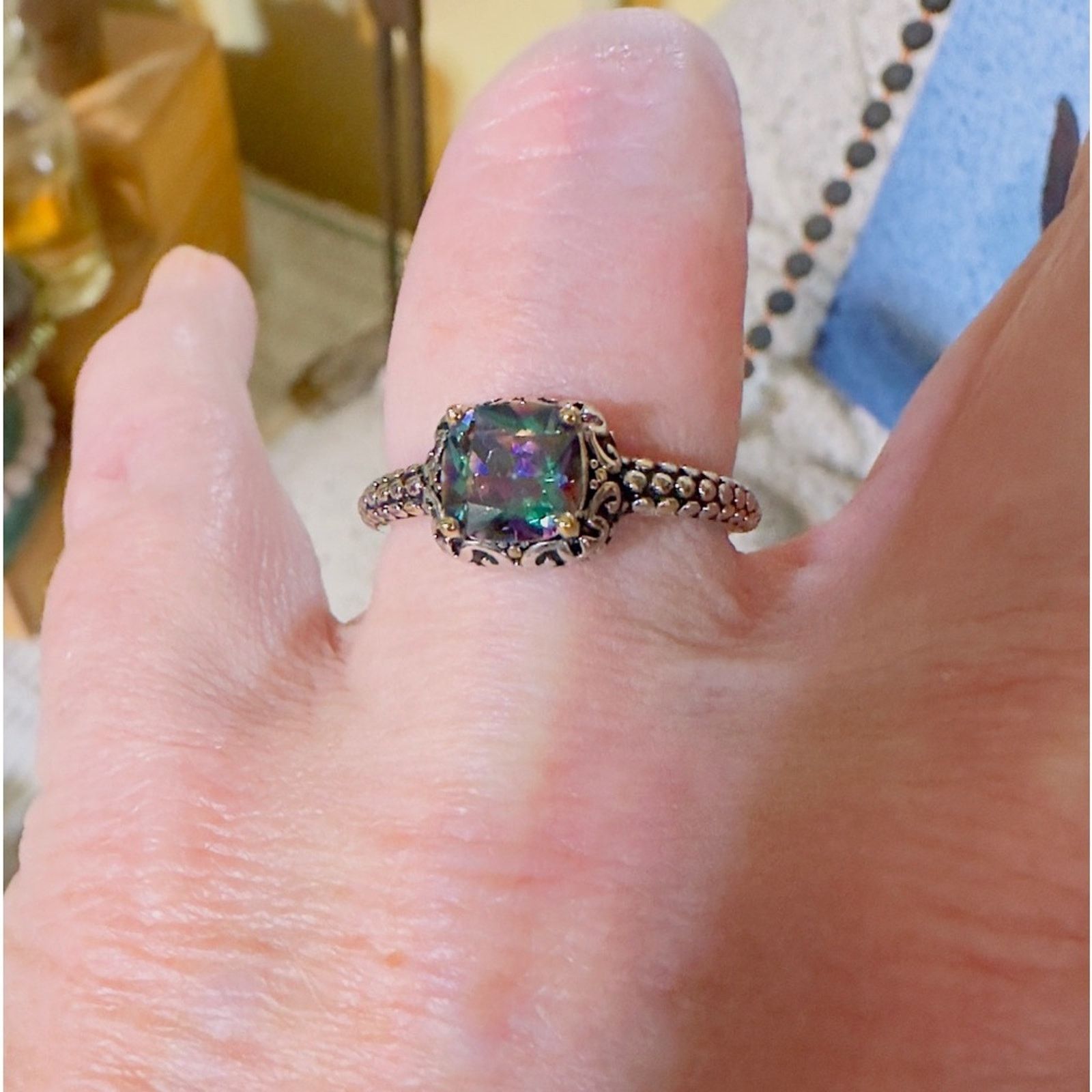 The Unbranded Brand Sterling Silver Celtic Rainbow Topaz Cushion CZ Ring Size ONE SIZE - 10 Thumbnail