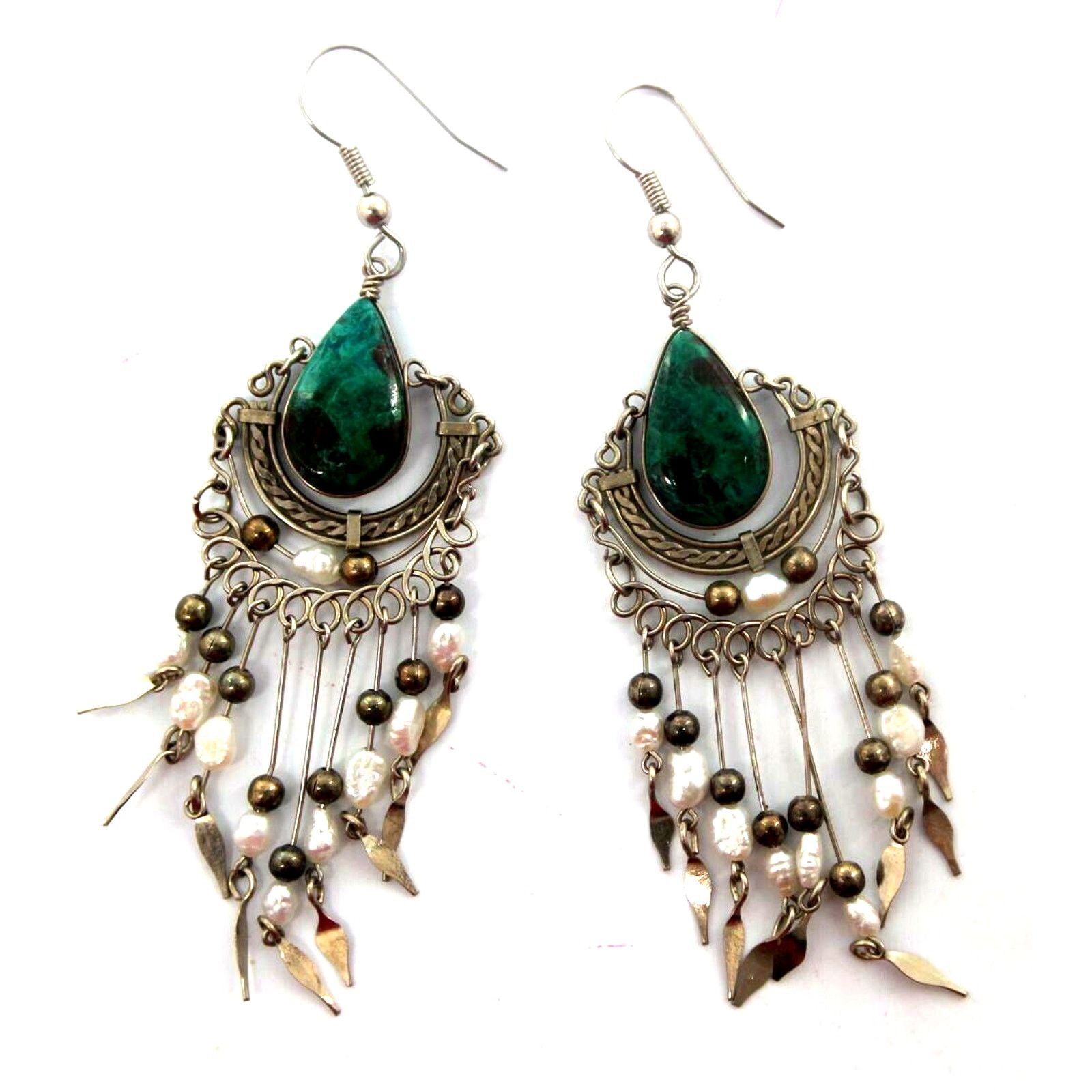 Other Freshwater Pearl Malachite Dangle Earrings Silvertone 3-1/2" Size ONE SIZE - 2 Thumbnail