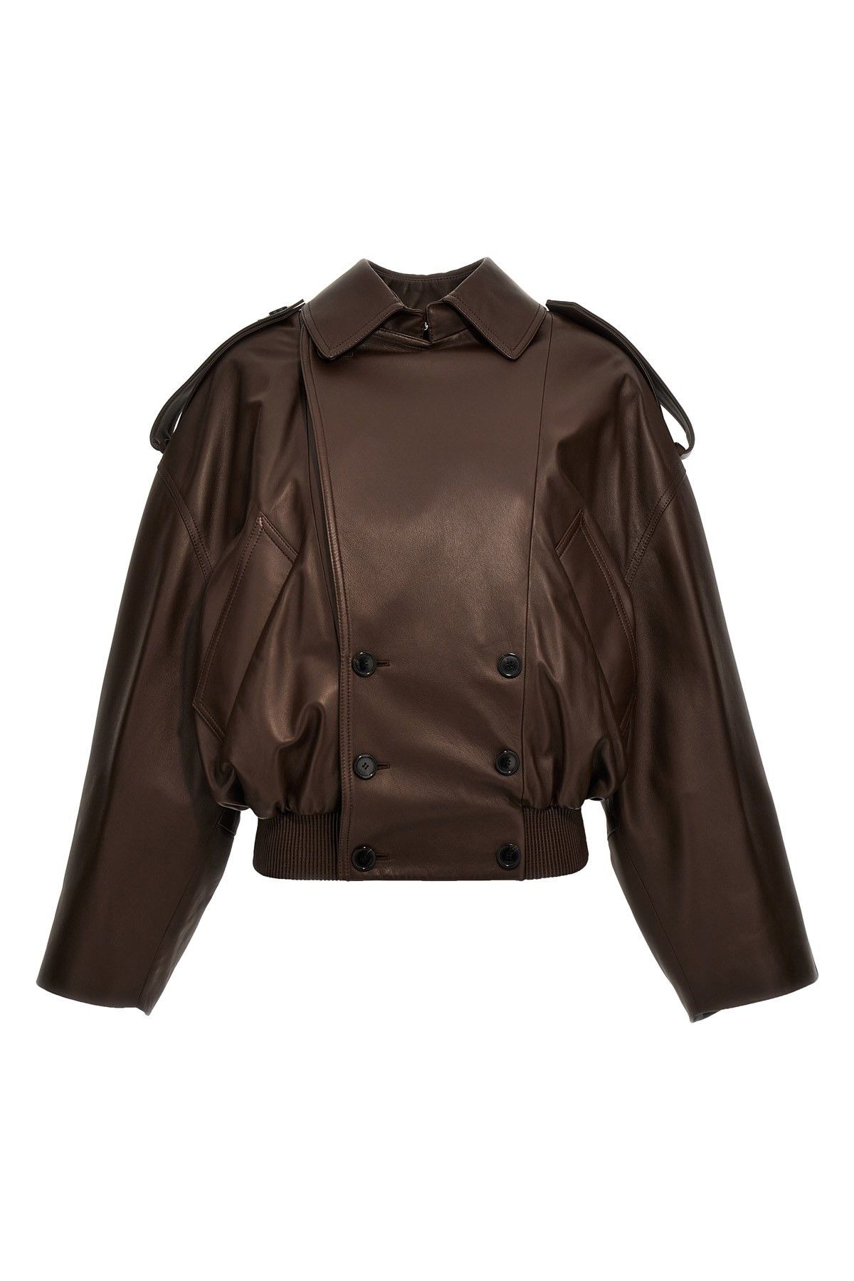 image of Loewe Double-Breasted Leather Jacket in Brown, Women's (Size Small)