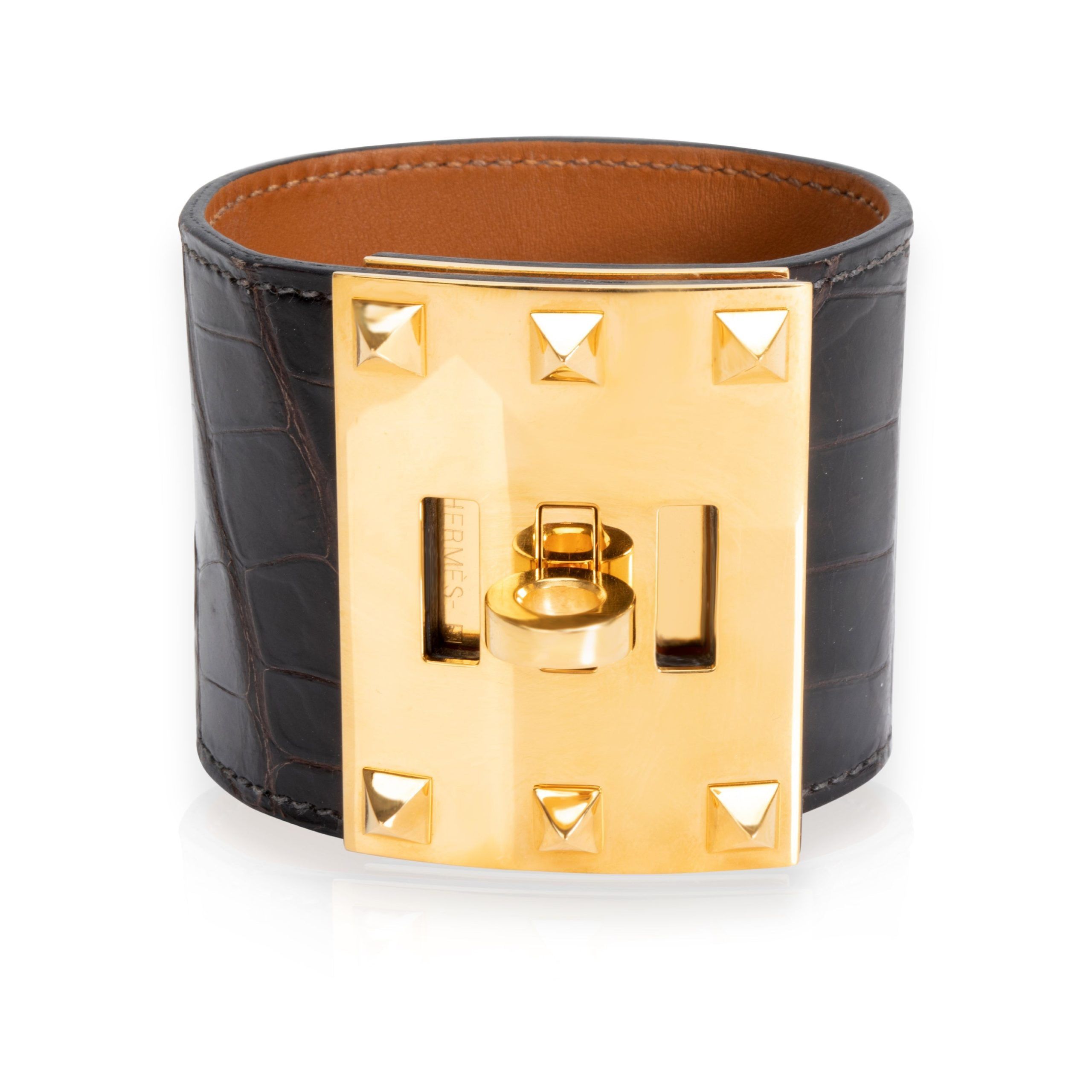 image of Hermes Kelly Alligator Extreme Bracelet In Gold Plated Hardware in Yellow, Women's