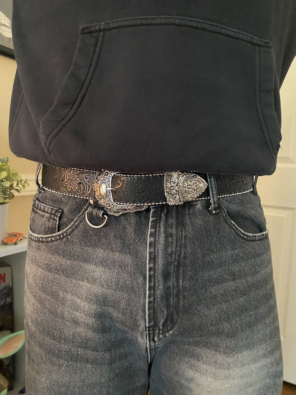 Y2K Grunge Black Western Floral Belt, Men’s (Size 32)