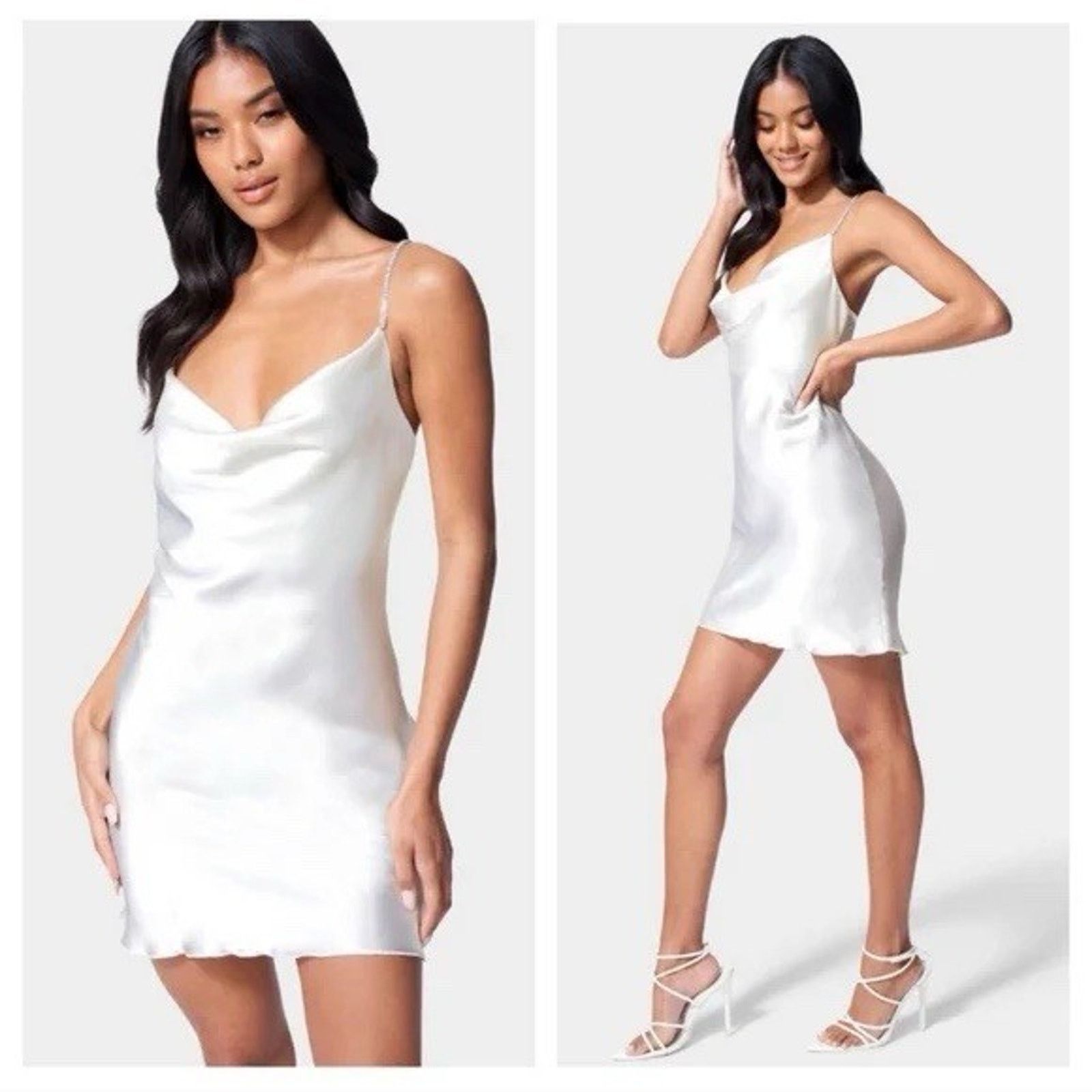 Bebe Bebe light blue White Satin Draped Mini Dress Large Size L / US 10 / IT 46 - 1 Thumbnail