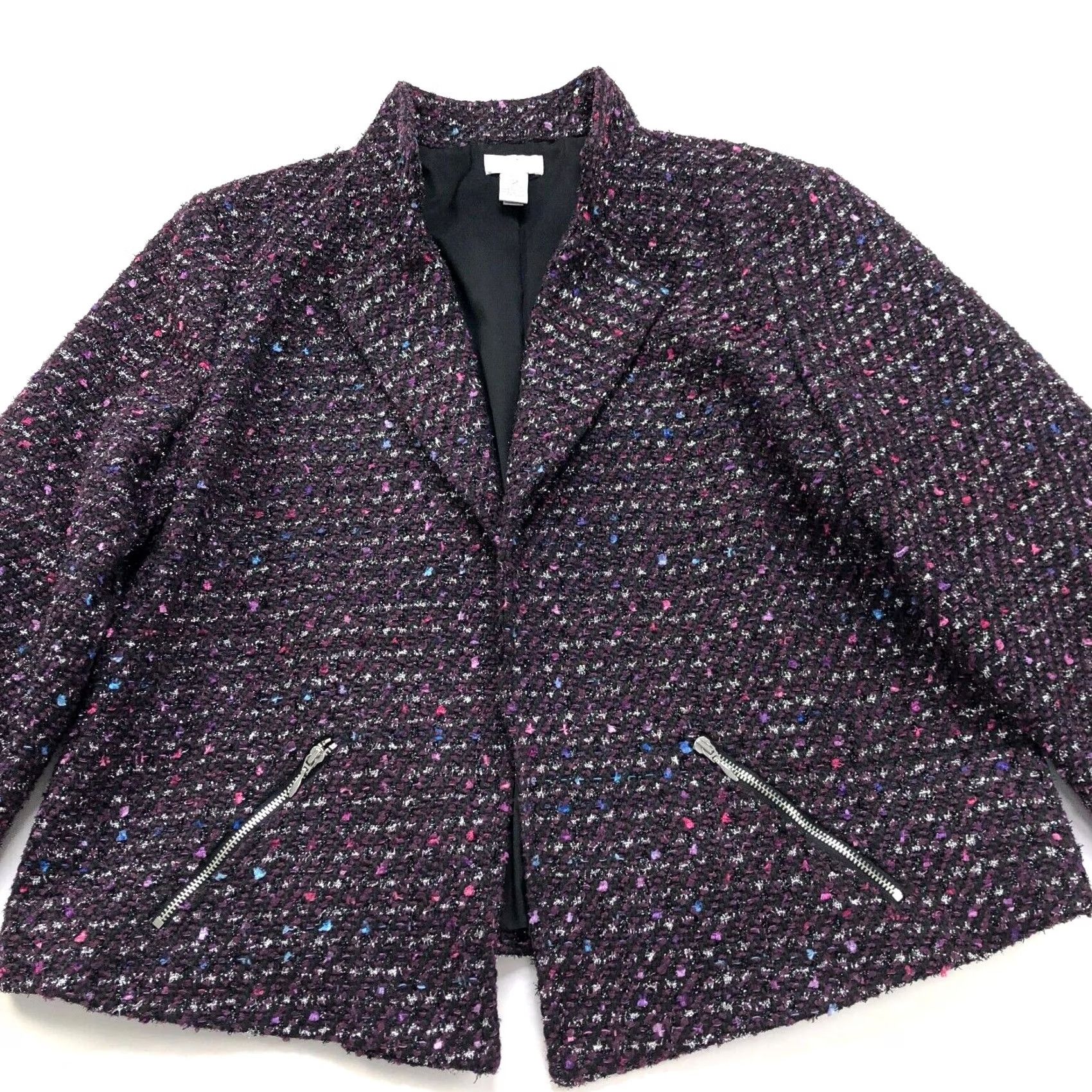 Vintage Chico's Purple Tweed Open Front Womens Jacket Blazer Style Wool Polyester Blend Mid-Length Button Closure Size XS / US 0-2 / IT 36-38 - 2 Thumbnail