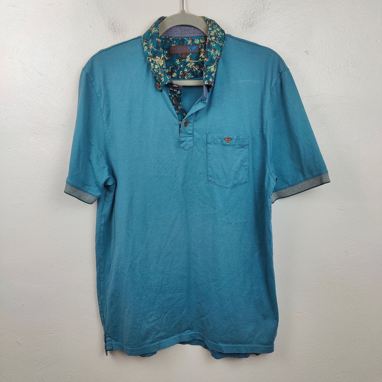 Ted Baker Ted Baker Polo Shirt Mens XXL 5 Floral Collar Teal Blue Size US XXL / EU 58 / 5 - 1 Thumbnail