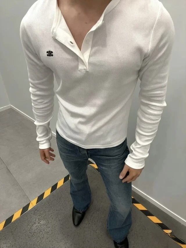 Celine CELINE Paris ribbed long sleeve Henley logo t-shirt Size US L / EU 52-54 / 3 - 5 Thumbnail