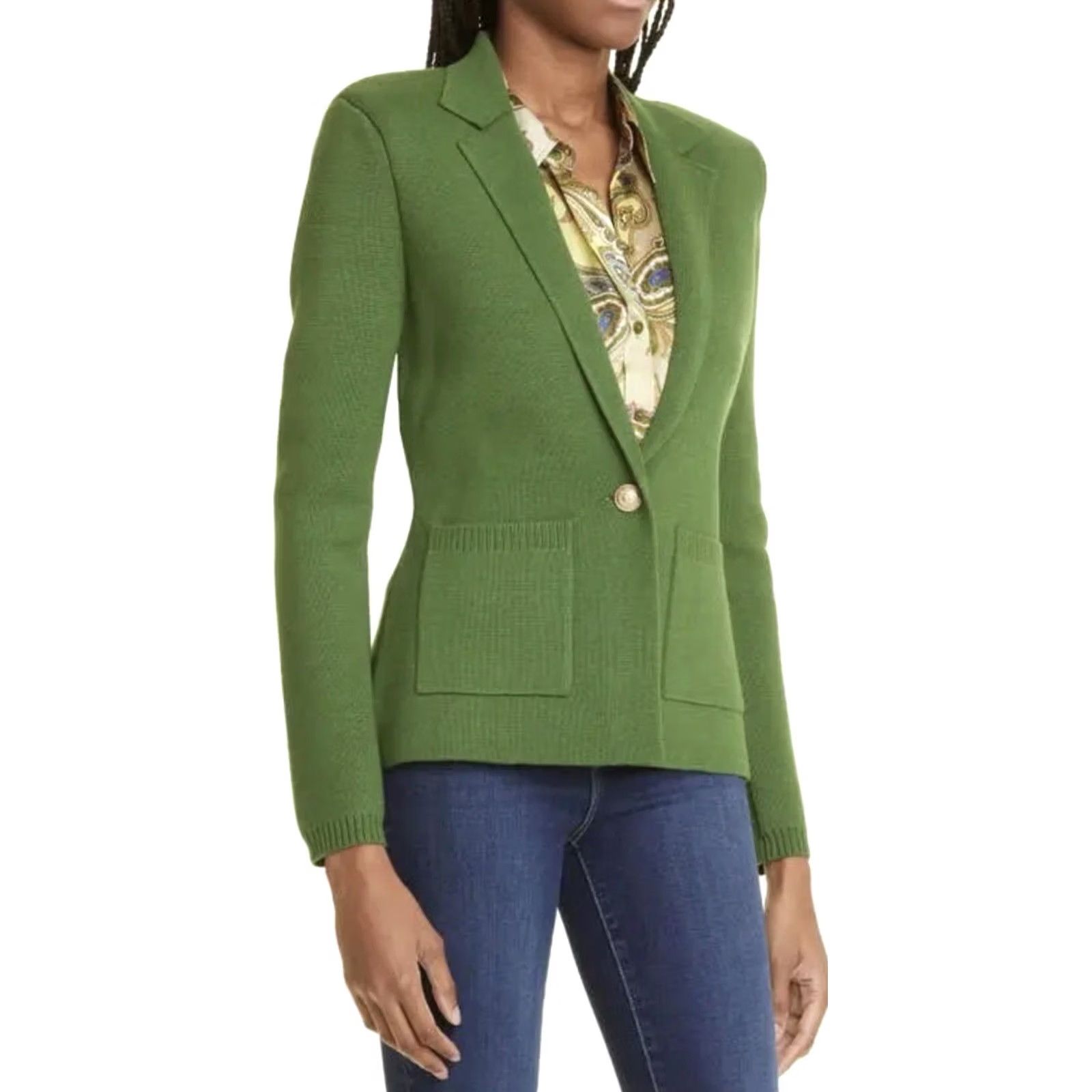 L'AGENCE L’AGENCE Lacey Knit Blazer Sz S/P Kelly Green Single Gold Button 2 Pocket Women Size S / US 4 / IT 40 - 3 Thumbnail