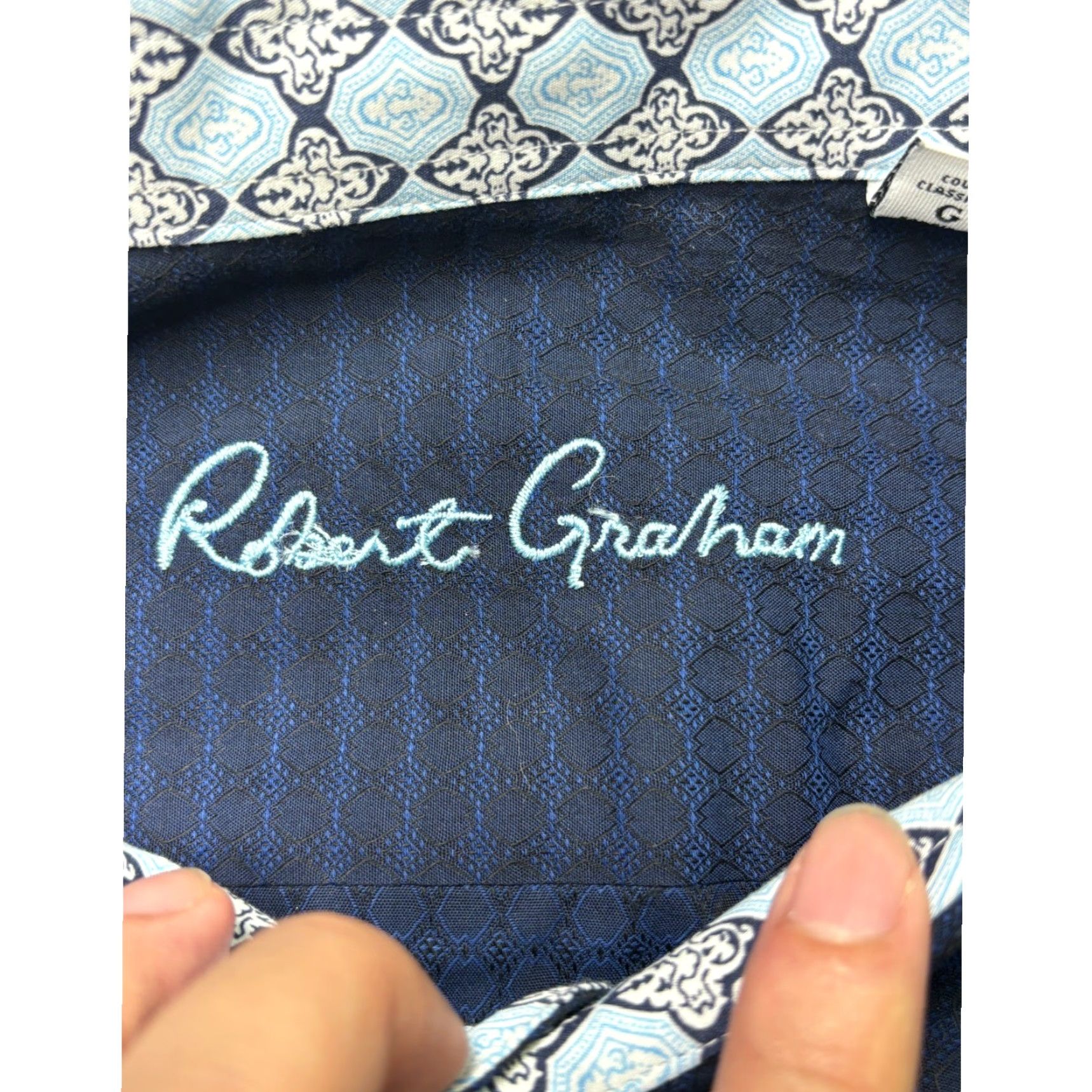Robert Graham Robert Graham Mens Shirt Long Sleeve Button-Down Navy Blue Geometric Classic Fit Button-Up Collared Cotton Blend Cotton Spandex Size US L / EU 52-54 / 3 - 4 Thumbnail