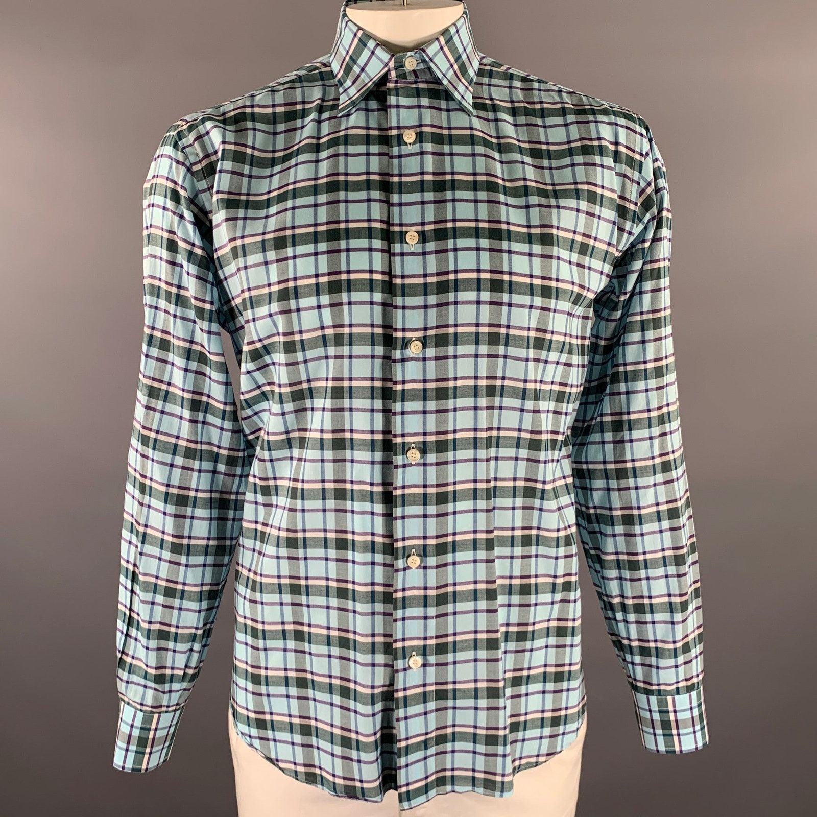 Brioni BRIONI L Blue Purple Green Plaid Cotton Pointed Collar Shirt Size US L / EU 52-54 / 3 - 1 Thumbnail