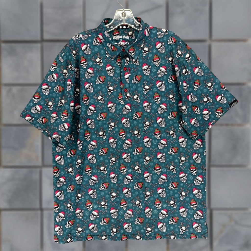 Vintage Tattoo Golf Mens Xmas 2023 Polo Shirt Teal Green L Stretch Short Sleeve Christmas Skulls Golf Shirt Mens Size US L / EU 52-54 / 3 - 1 Thumbnail