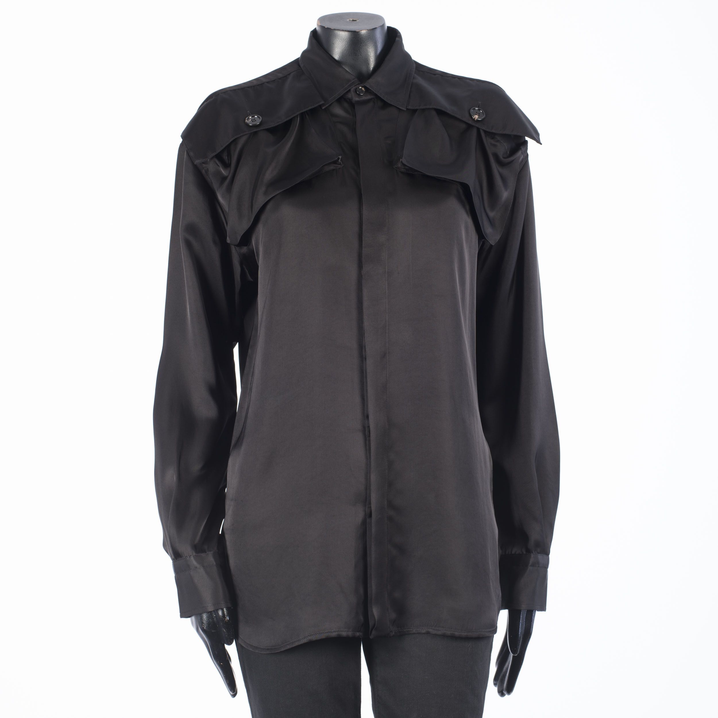 Black Patch Pocket Satin Shirt In Viscose