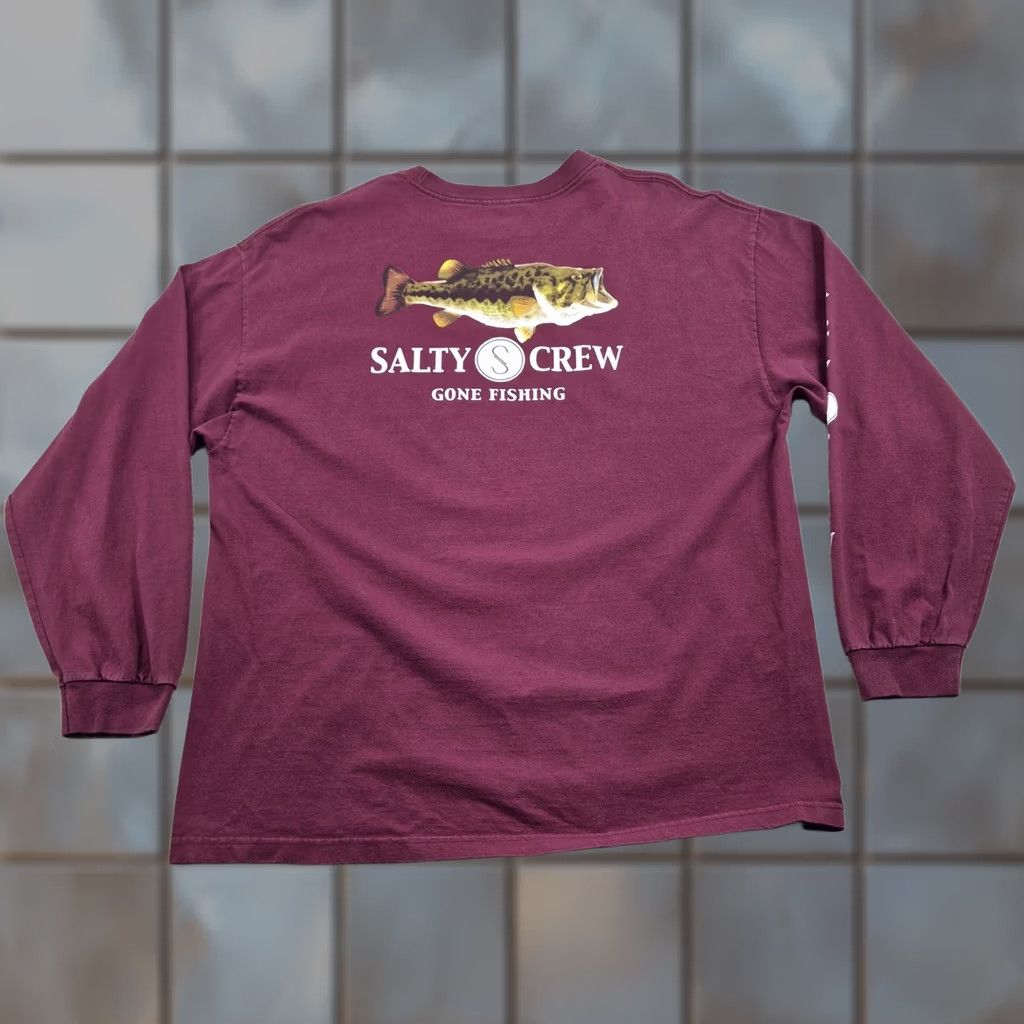 Vintage Salty Crew Shirt Mens 2XL Red Long Sleeve Bass Gone Fishing Graphic Tee Crewneck Burnt Red USA 90s Fish Mens Size US XXL / EU 58 / 5 - 1 Thumbnail