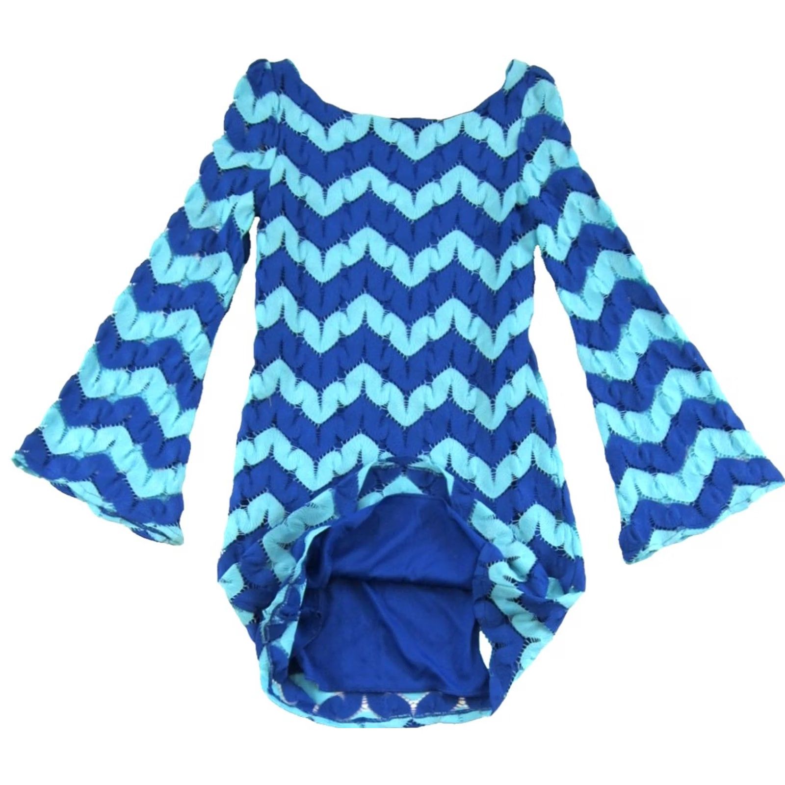 Vintage JUDITH MARCH Teal Blue Geometric Crochet Long Flare Sleeve Short Dress Small Size 28" / US 6 / IT 42 - 4 Thumbnail