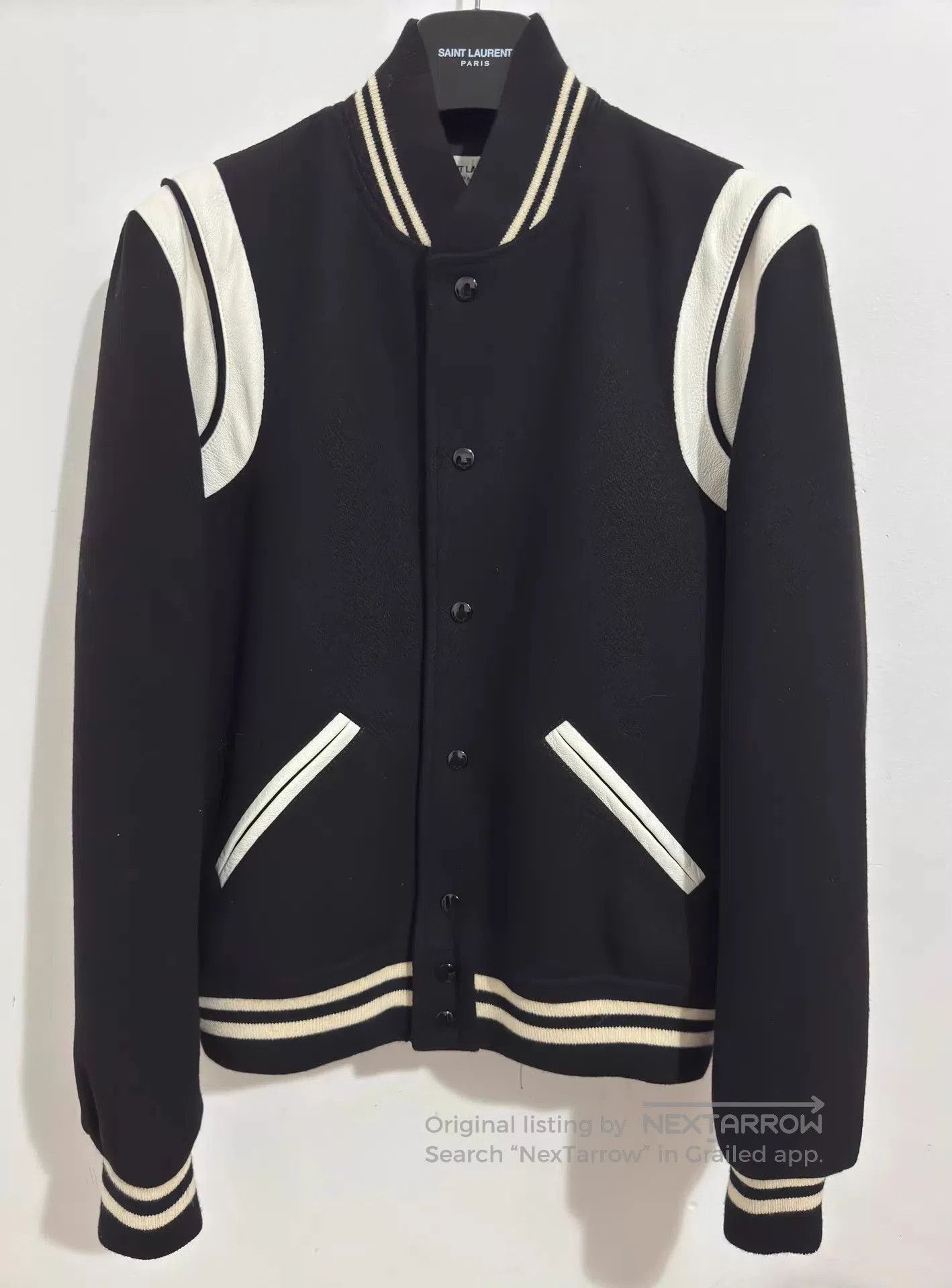 Saint Laurent Paris Black Varsity Bomber Jacket with Leather Sleeves. Size US M / EU 48-50 / 2 - 1 Thumbnail
