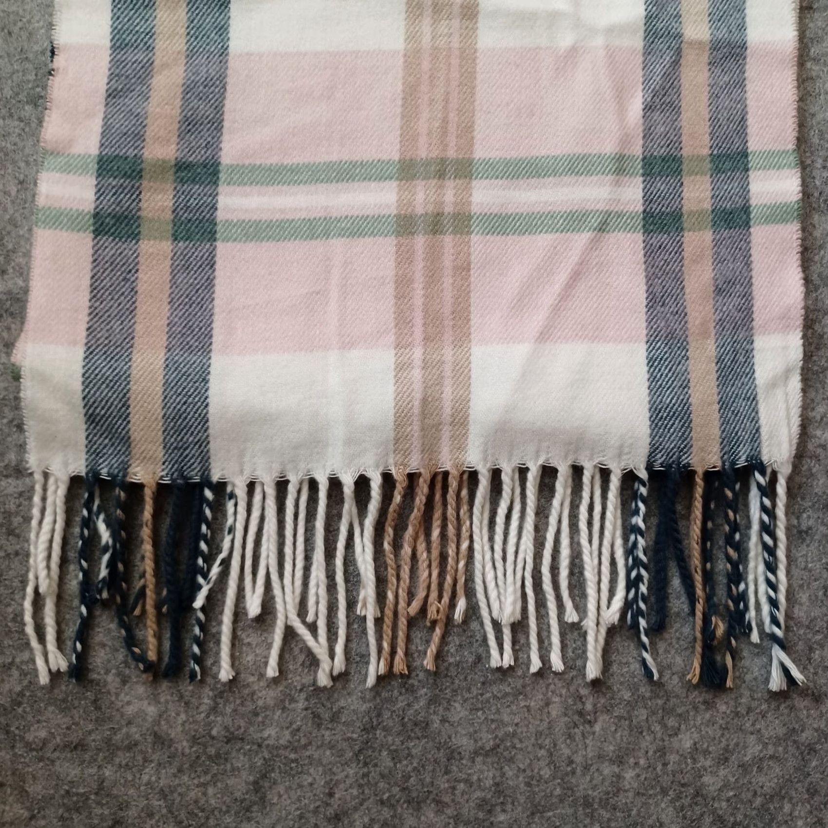 Vintage Italy Design Cashmere Feel Scarf Rectangle Pink Ivory Blue Plaid Fringe Winter Women Size ONE SIZE - 6 Thumbnail
