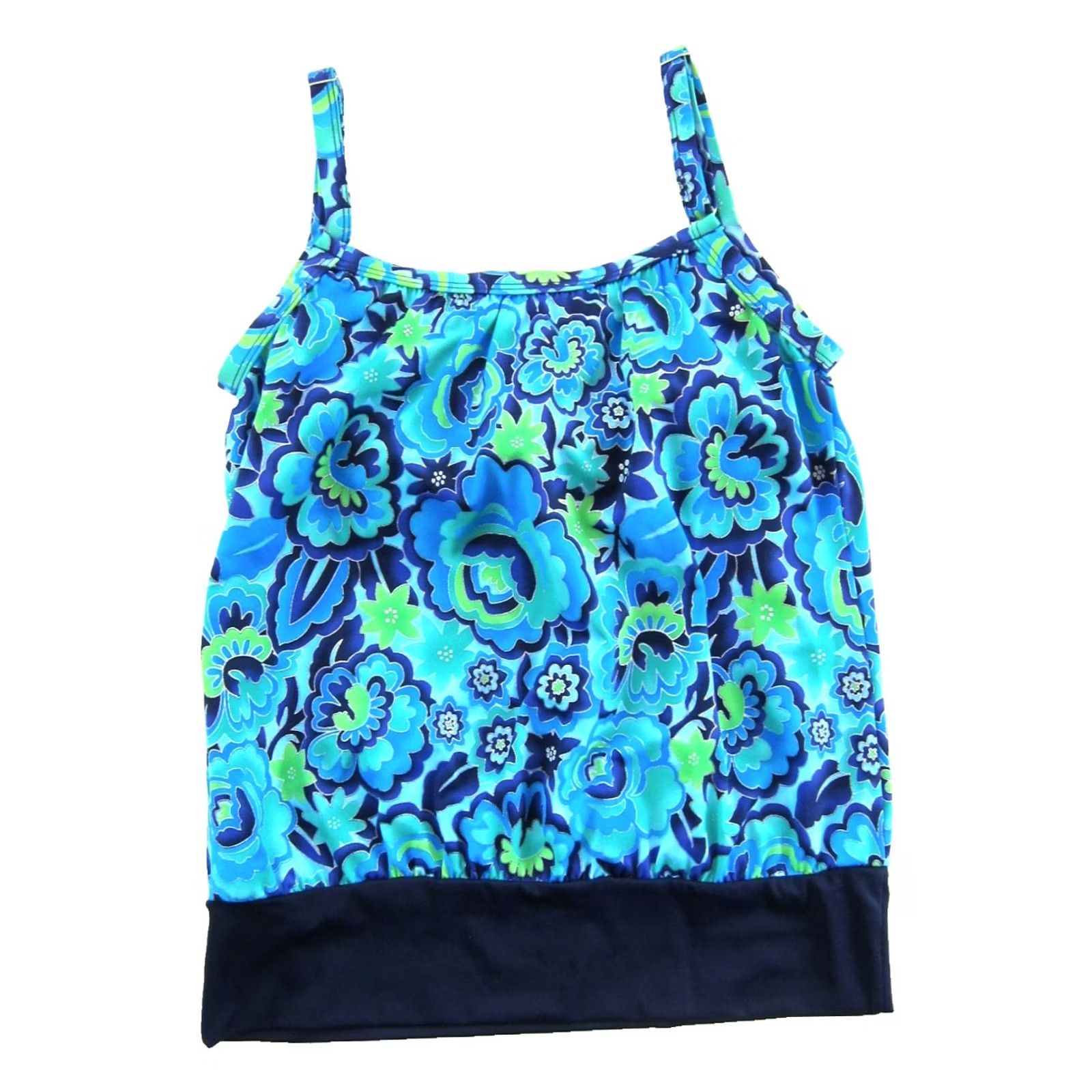 Vintage VTG Roxanne Tankini Swim Top 12 DD Blue Green Silver Metallic Tropical Floral Built-In Bra Padded Nylon Women Tankini Sized DD Girls Mens Size XL / US 12-14 / IT 48-50 - 2 Thumbnail