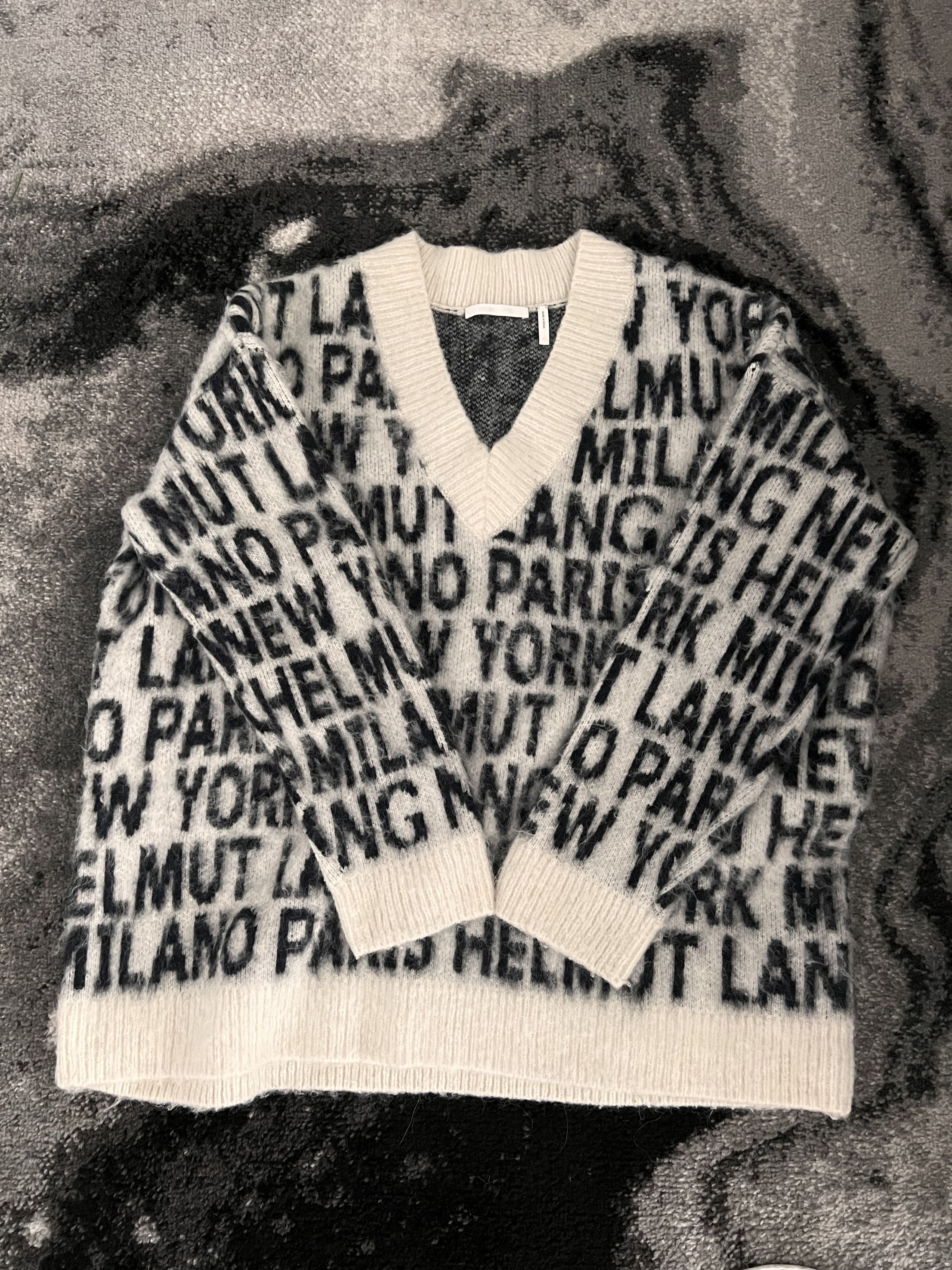 image of Helmut Lang Logo V Neck Sweater in Black/White, Women's (Size Small)