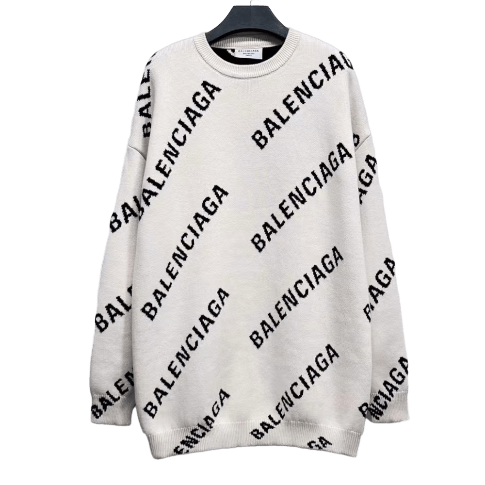 image of Balenciaga All Over Logo Beige Sweater, Men's (Size Small)