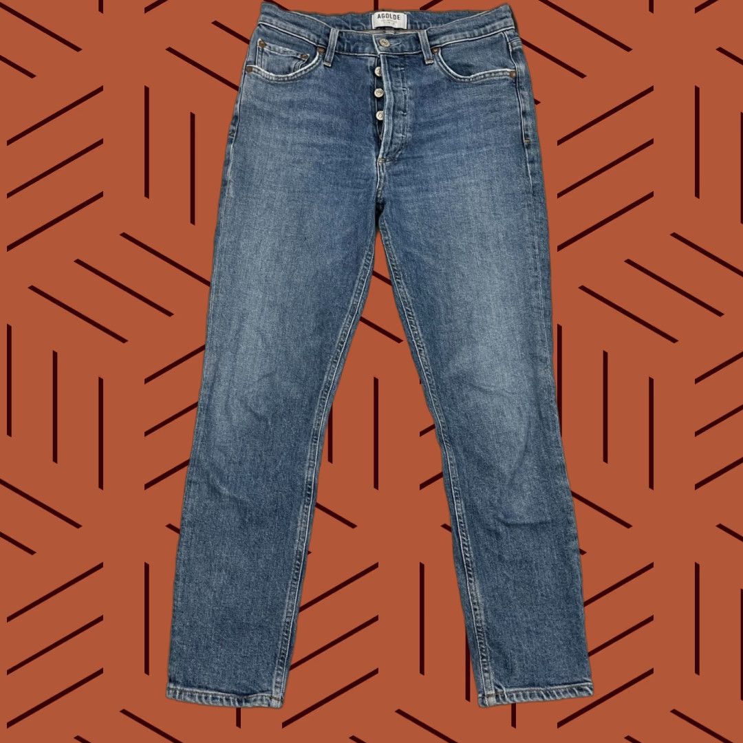 Agolde AGOLDE Nico Jeans Slim High Rise Blue Denim Stretch Button Fly W28 L26 Women Size 28 Straight Inseam 26 Solid Pattern Vintage No Size 28" / US 6 / IT 42 - 1 Thumbnail