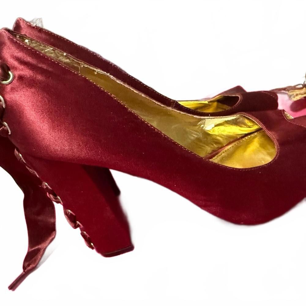 Designer Elegant Satin Burgundy Heels with Ribbon Detail Size US 8.5 / IT 38.5 - 1 Thumbnail