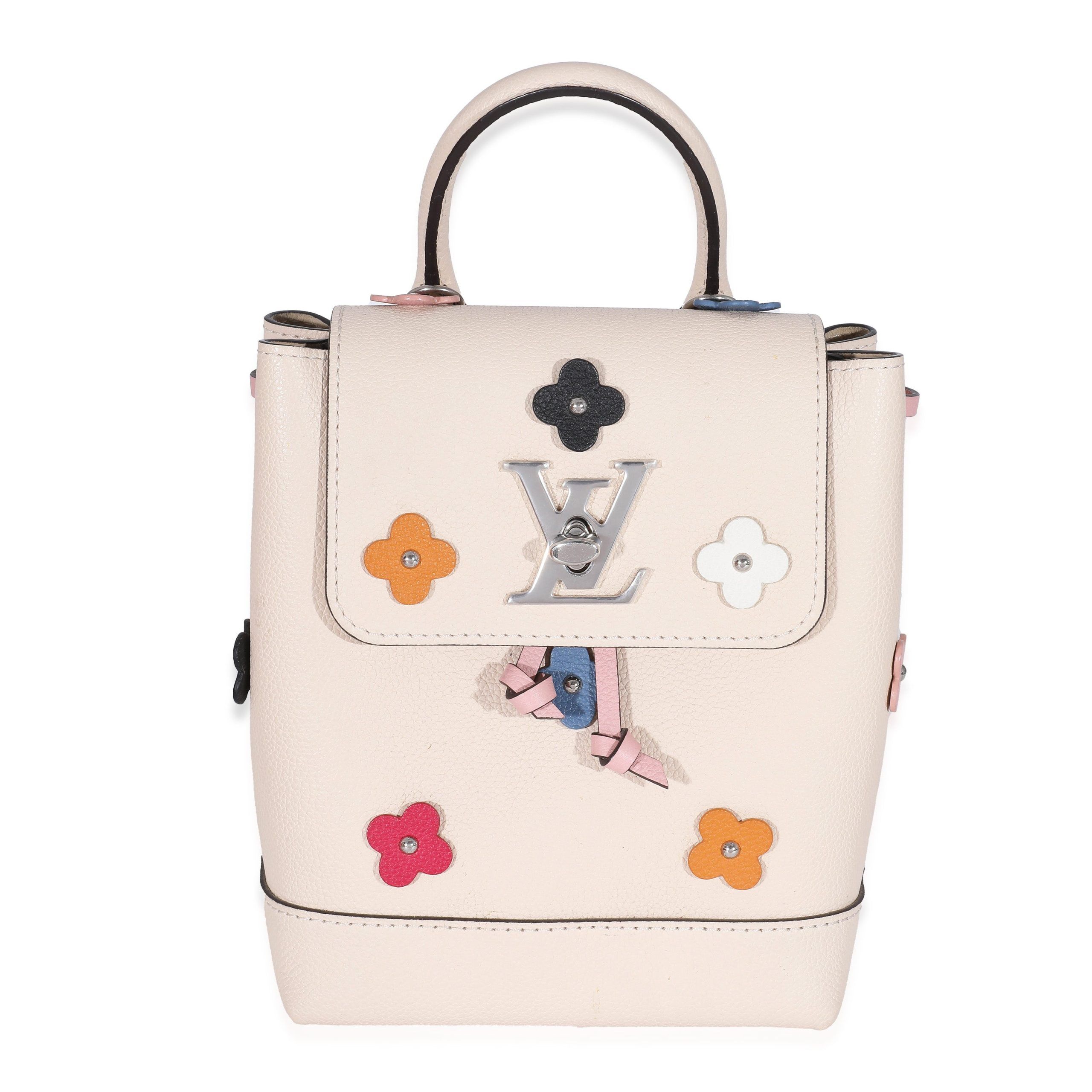 image of Louis Vuitton Creme Calfskin Mechanical Flower Lockme Mini Backpack in Beige, Women's