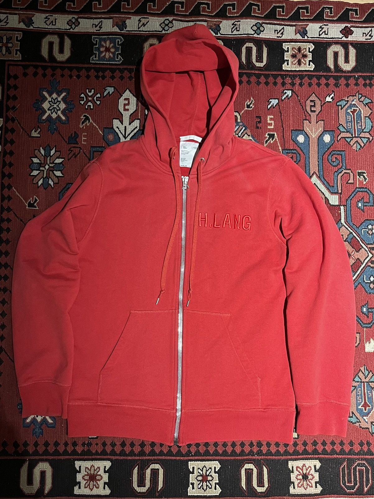 image of Helmut Lang Oxidized Red Embroidered Zip-Up Hoodie, Men's (Size Large)