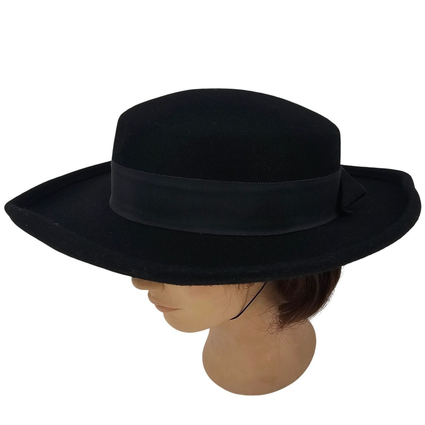 Vintage 1970\'s Sonni Black wool felt Cartwheel Bolero Boater Style Hat Vintage 1970\ main image 4