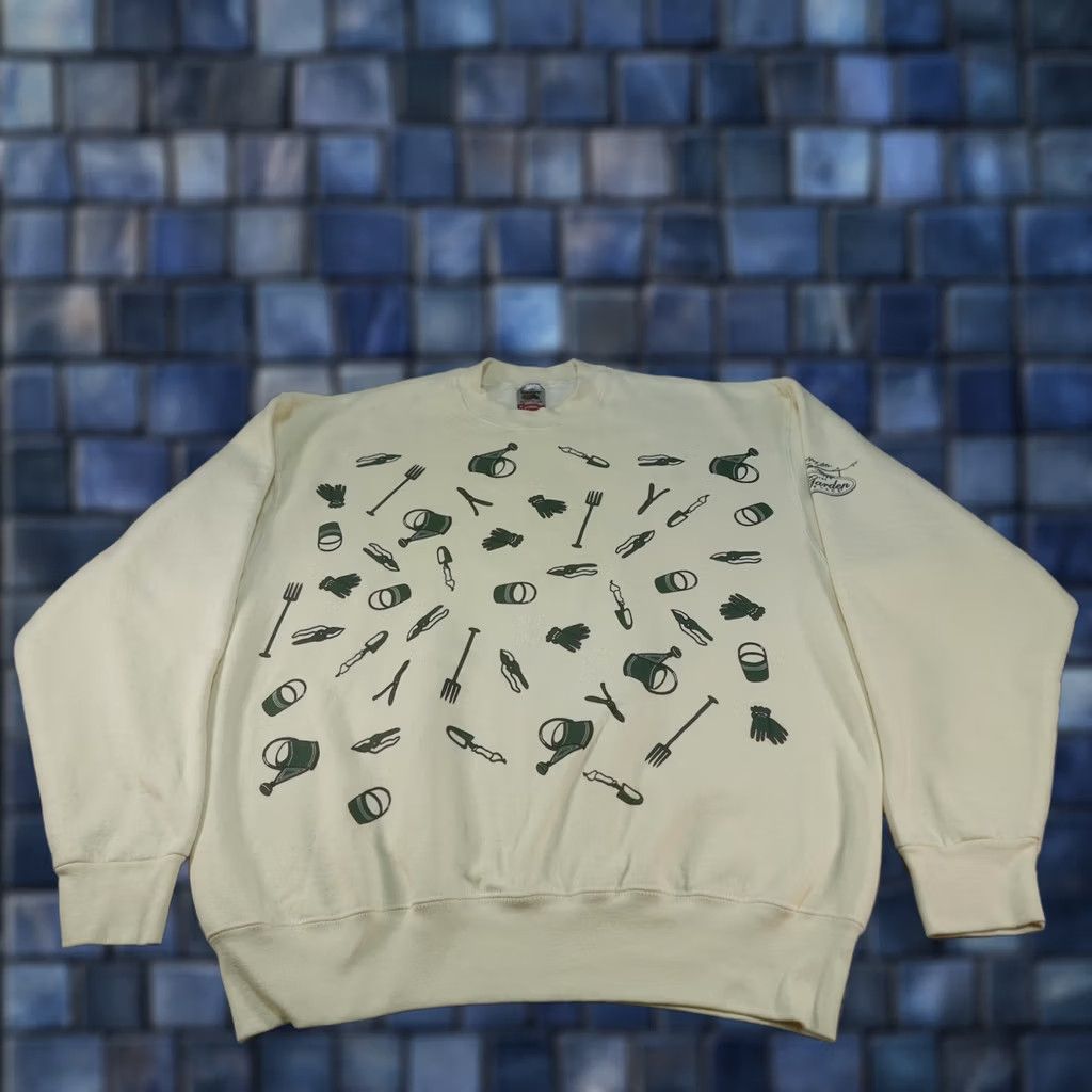 Fruit Of The Loom VINTAGE Gardening Tools Sweatshirt Mens XL White 90s AOP Graphic Garden Made USA Size US XL / EU 56 / 4 - 1 Thumbnail