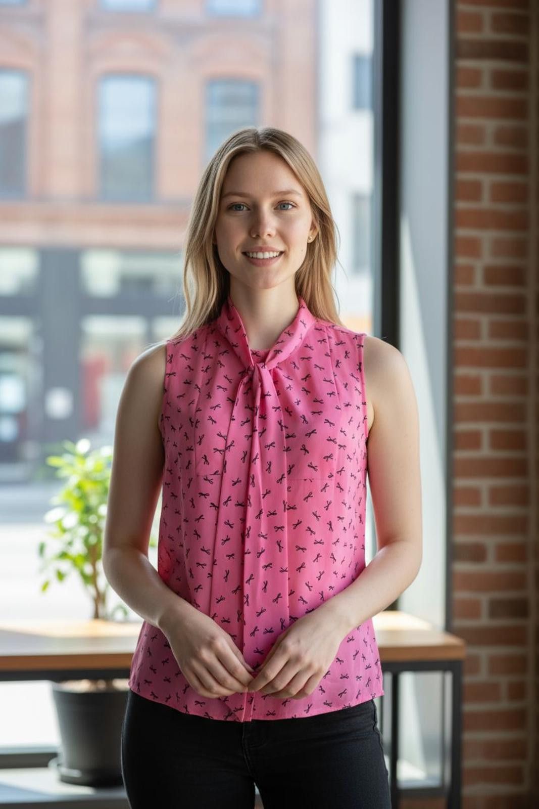 Designer LOFT Pink Sleeveless Bow Tie Neck Blouse w Black Bow Print Size S / US 4 / IT 40 - 1 Thumbnail