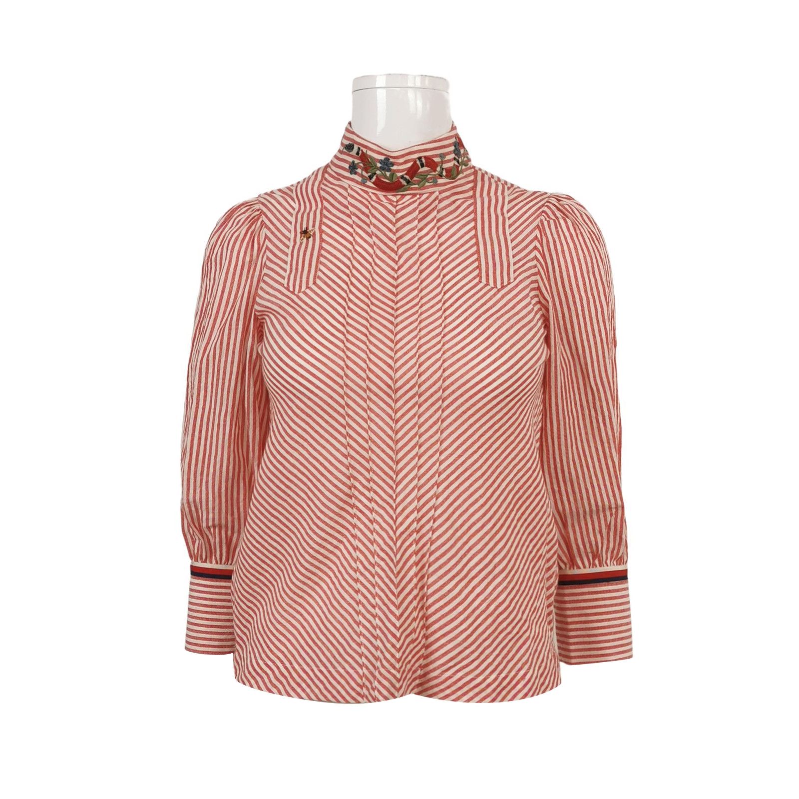 Gucci Red & White Striped Embroidered High-Neck Blouse Size S / US 4 / IT 40 - 1 Thumbnail