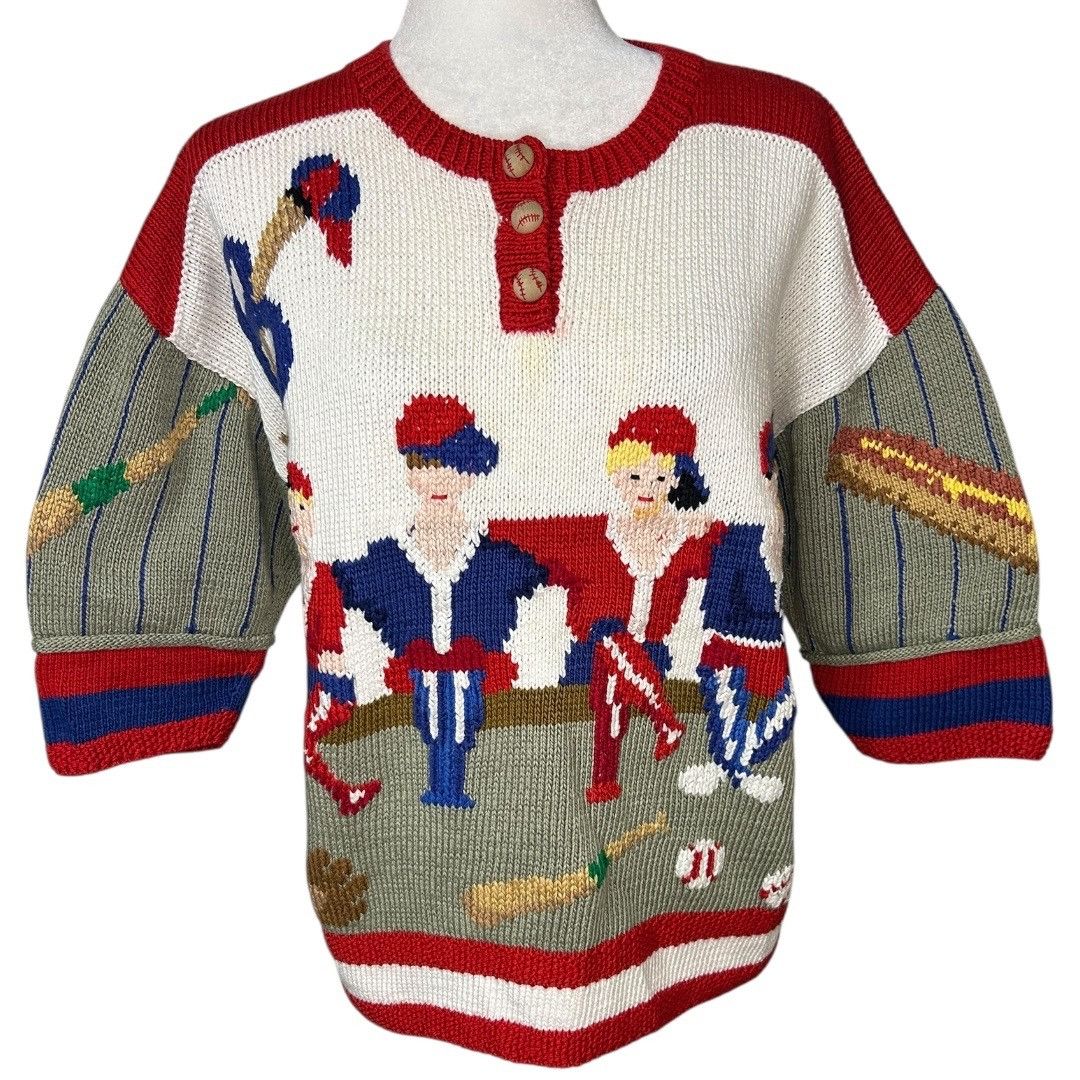 Other Vintage 1988 Berek Hand-Knit Baseball Themed Sweater - Women Size M / US 6-8 / IT 42-44 - 1 Thumbnail
