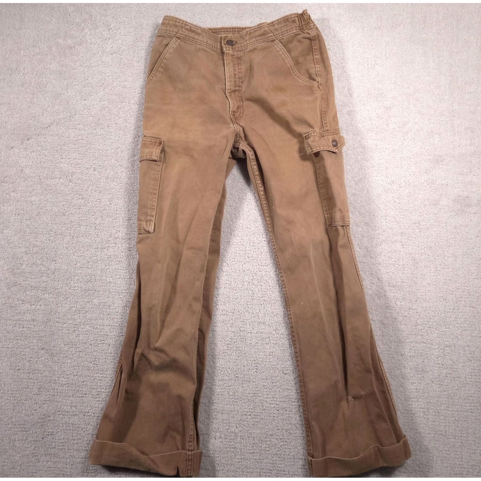 Vintage L.L.Bean Cargo Pants Mens 32x30 Brown Elastic Waist Utility Casual Workwear Pants Mens Brown Cargo Straight Leg Front Zip Button Closure Pockets 32x30 Size US 32 / EU 48 - 2 Thumbnail