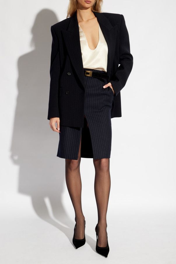 Saint Laurent Paris o1s1wg111024 Midi Skirt Flanelle Rayure Rive Gau in Navy Size 24" / US 00 / IT 34 - 2 Thumbnail