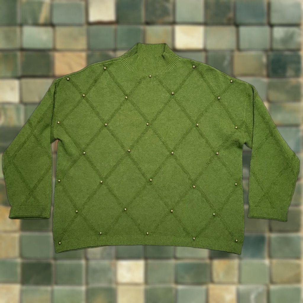Vintage VINTAGE Christmas Sweater Womens Large Green Bead Diamond Accent Texture Viscose Blend Size L / US 10 / IT 46 - 1 Thumbnail