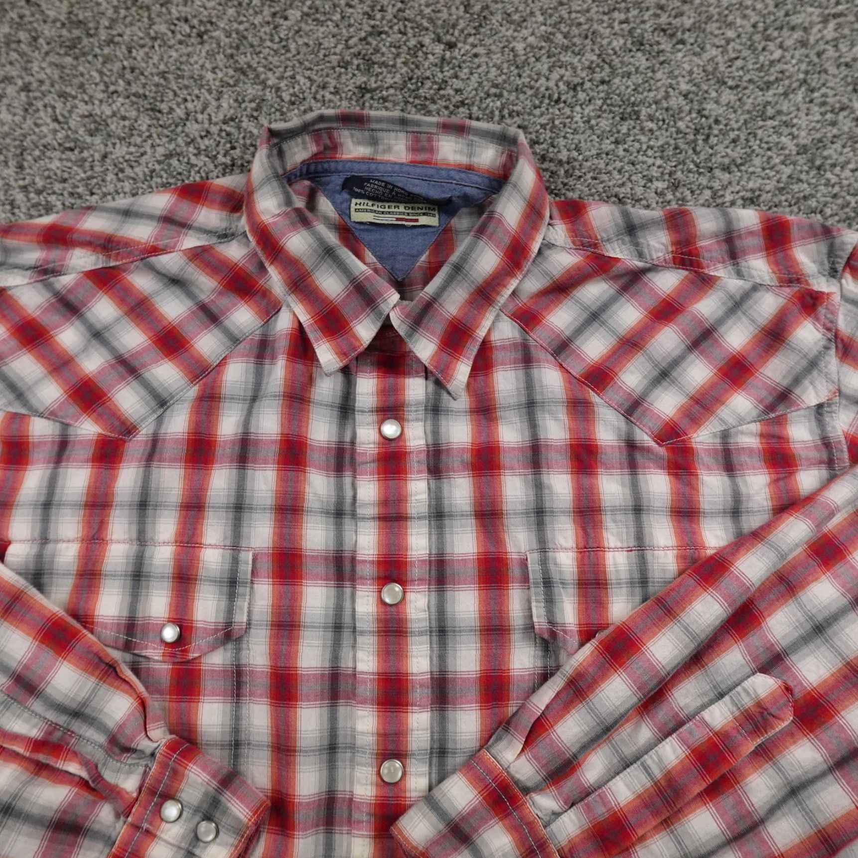 Tommy Hilfiger VINTAGE Tommy Hilfiger Shirt Mens XL Red Western Pearl Snap Cowboy Rodeo Y2K Roam Plaid Cotton Button-Up Long Sleeve Snap Shirt Mens Red PVC Size US XL / EU 56 / 4 - 3 Thumbnail