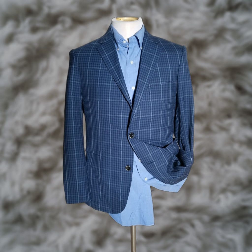 Balmain Sport Coat Jacket Blues Check Wool 38R Slim Adult Men Regular Notch Lapel Four-Button Four-Button Single-Breasted Tailored