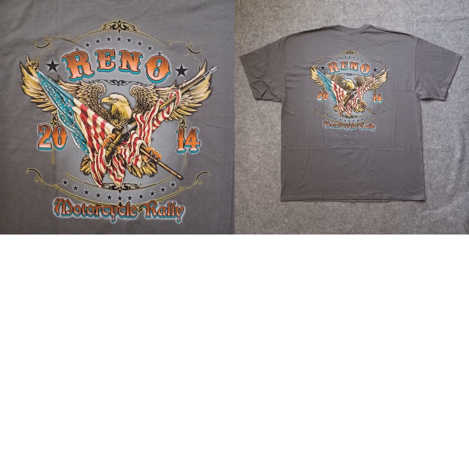 Gildan Reno Motorcycle Rally Mens Shirt XL Gray Two Side Graphic Eagle Flag Logo 2014 Size US XL / EU 56 / 4 - 9 Thumbnail