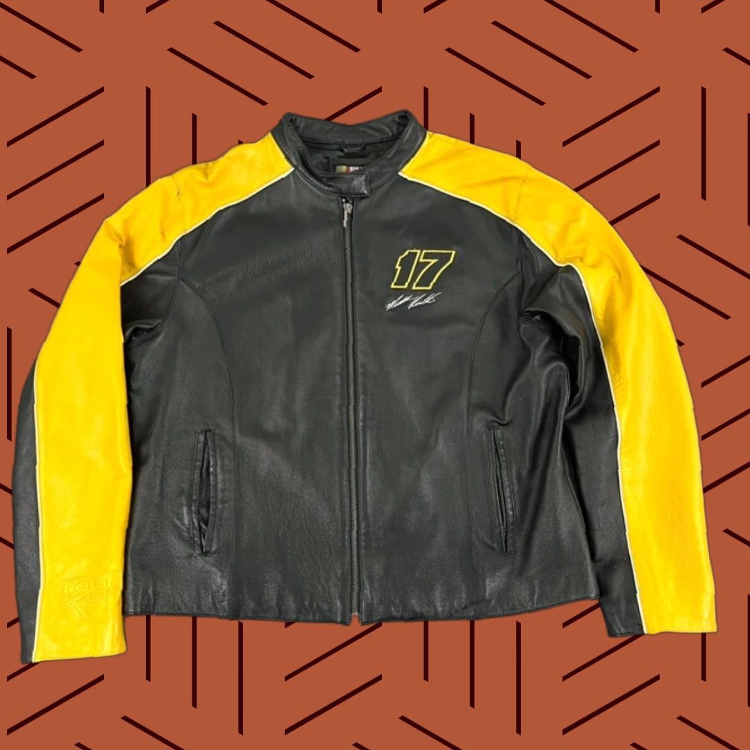 NASCAR VINTAGE Velocity Jacket Womens XL Black Yellow Leather Matt Kenseth Retro Full Zip - Motorcycle, Classic, Biker, Vintage, 90s style Size XL / US 12-14 / IT 48-50 - 1 Thumbnail