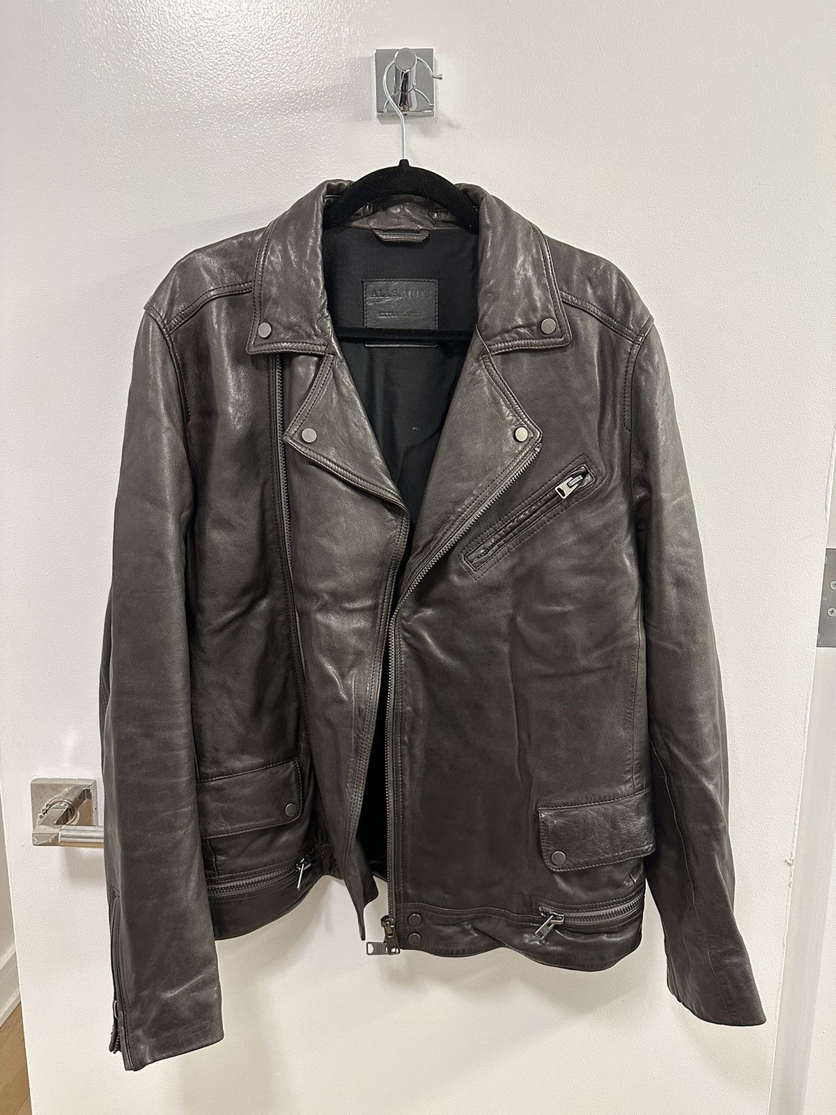 Image of Allsaints Black Leather Biker Jacket, Men's (Size XL)