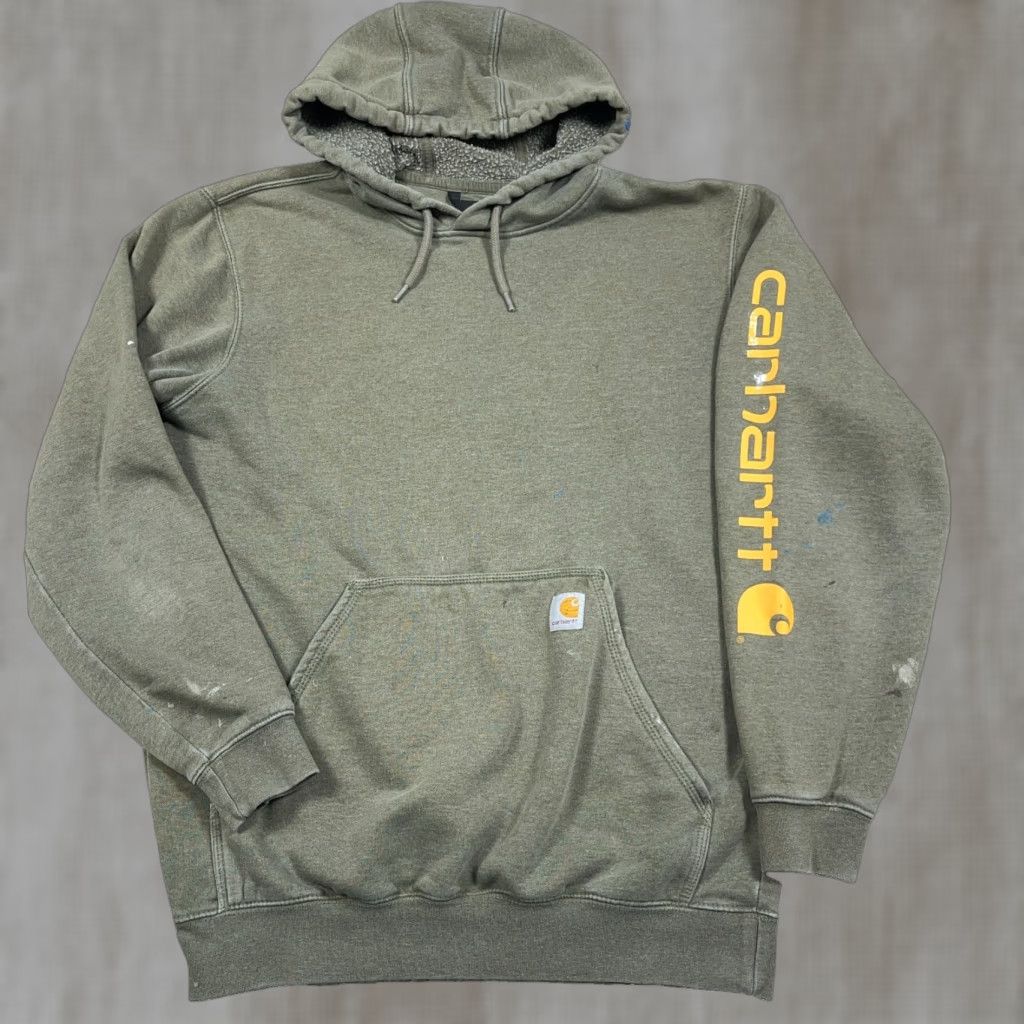 Carhartt Carhartt Hoodie Men Medium Olive Green Loose Fit Sleeve Spellout Sweatshirt Worn Size US M / EU 48-50 / 2 - 1 Thumbnail