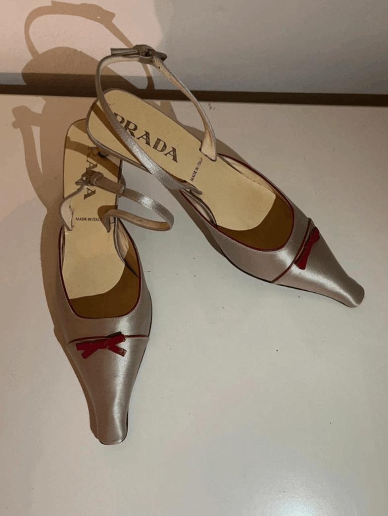 Miu Miu x Prada Shoes Bow Mules Heels Sandals Leather Iconic in Silver, Women's (Size 7)