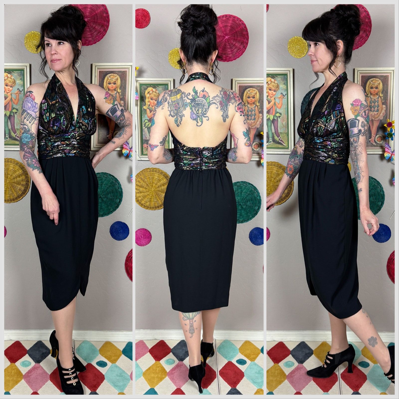 Vintage Vintage 1980s Black Lurex Halter Neck Tulip Cocktail Dress Size S / US 4 / IT 40 - 2 Thumbnail