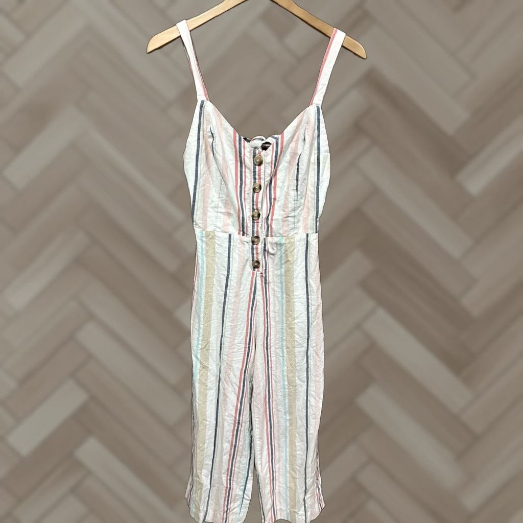 Vintage Japna Jumpsuit Womens M White Striped Summer Beachy Boho Peasant Cabincore JumpSuit Jumpsuit Size 32" / US 10 / IT 46 - 1 Thumbnail