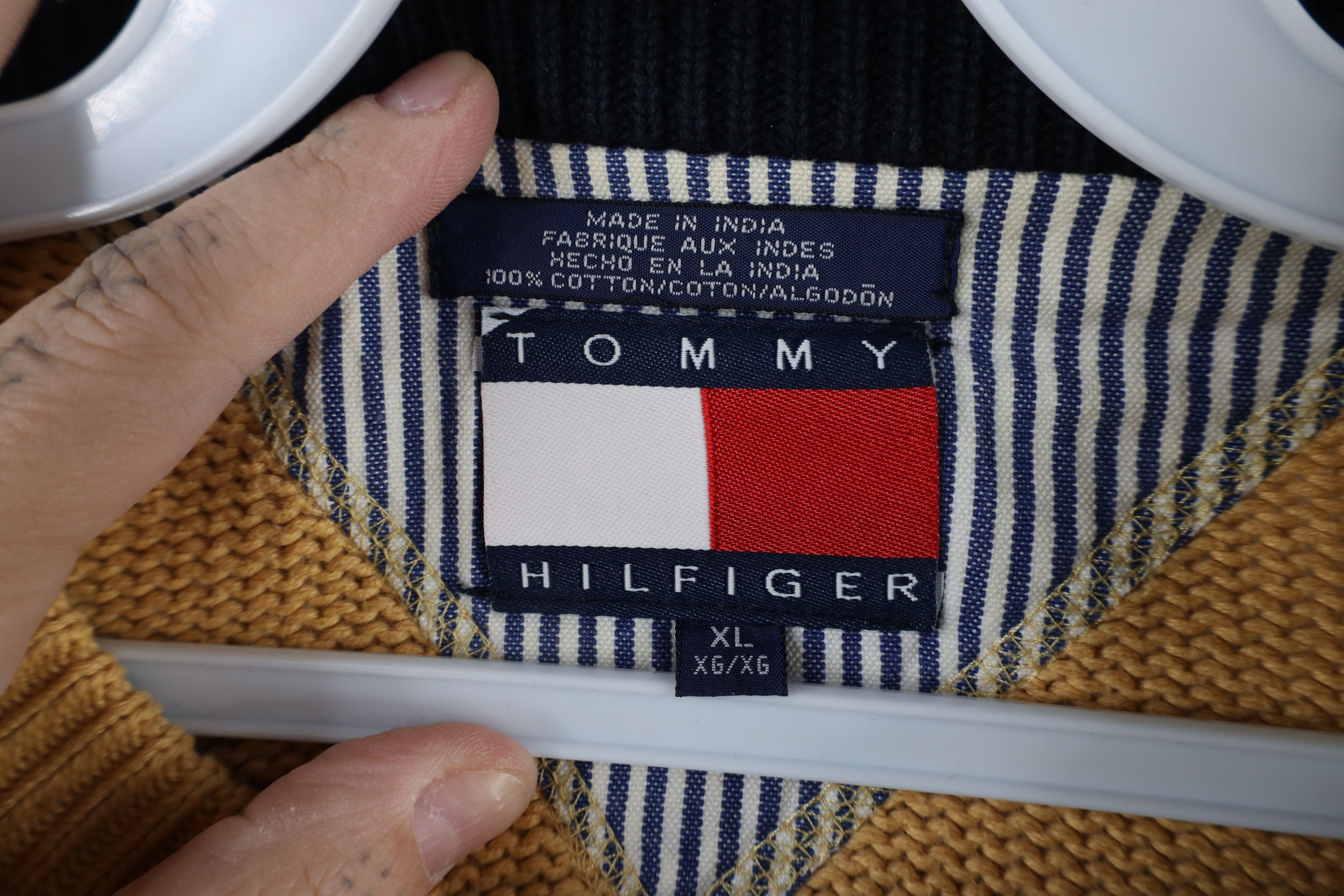 Tommy Hilfiger × Vintage Vintage 90s Tommy Hilfiger Cotton Knit Crewneck Sweater Gold Size US XL / EU 56 / 4 - 8 Thumbnail