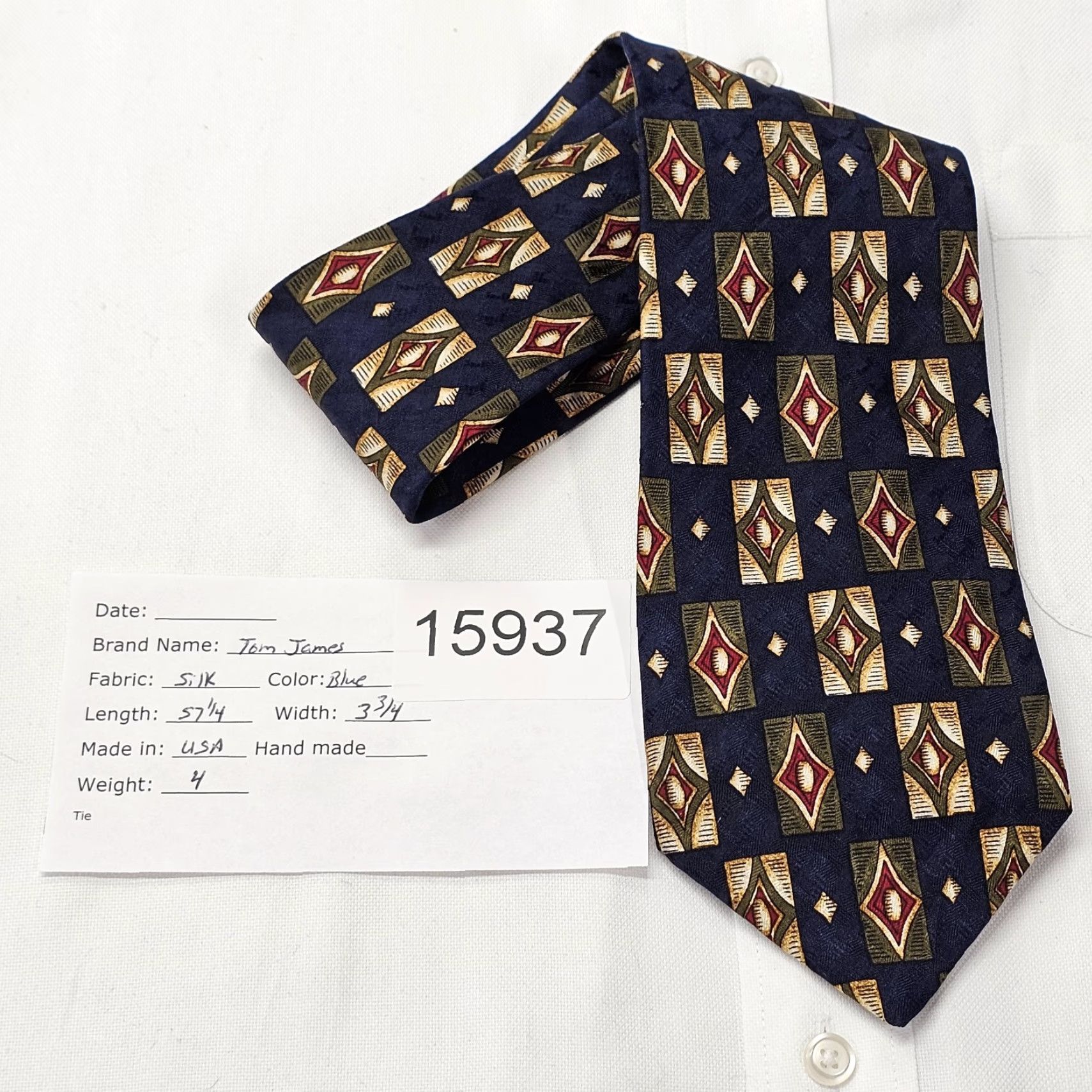 Vintage Tom James Necktie Men’s Blue Geometric Woven Abstract Tie USA 57.28" X 3.75" Silk 100% Classic Designer Mens Size ONE SIZE - 6 Thumbnail
