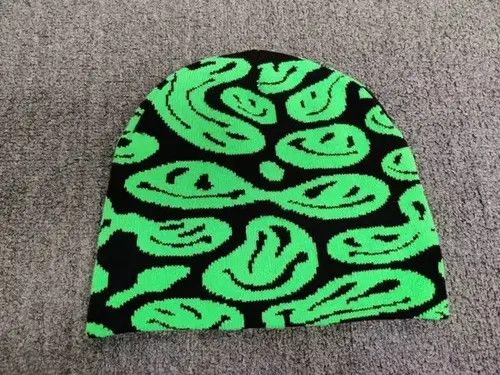 Japanese Brand Trippy Smiley Acid Emoji Graphic No Cuff Beanie Hat Black Size ONE SIZE - 2 Thumbnail